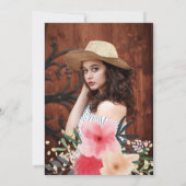 Moderne roze rode bloemengouden foto quinceanera kaart (Achterkant)