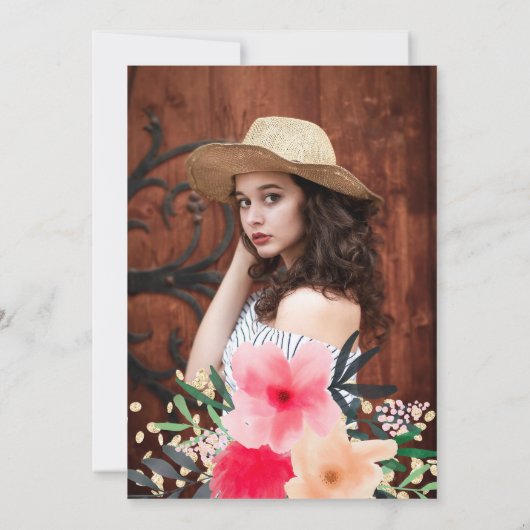 Moderne roze rode bloemengouden foto quinceanera kaart (Achterkant)