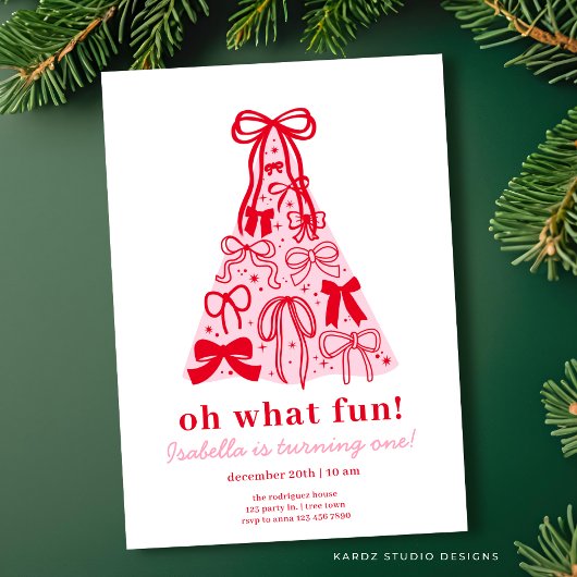 Moderne Roze & Rode Boom Boog 1e Verjaardag Kaart