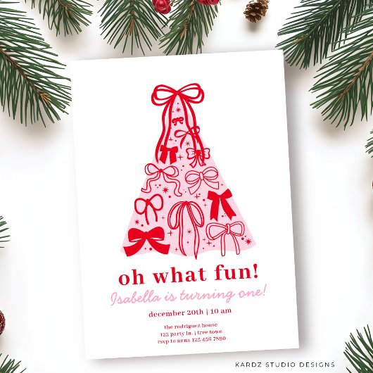 Moderne Roze & Rode Boom Boog 1e Verjaardag Kaart