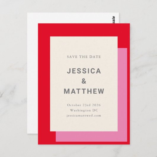 Moderne roze rode bruiloft bespaart de datum briefkaart (Voorkant / Achterkant)