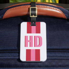Moderne roze rode gestreepte schaduw monogram scha bagagelabel