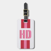 Moderne roze rode gestreepte schaduw monogram scha bagagelabel (Voorkant verticaal)