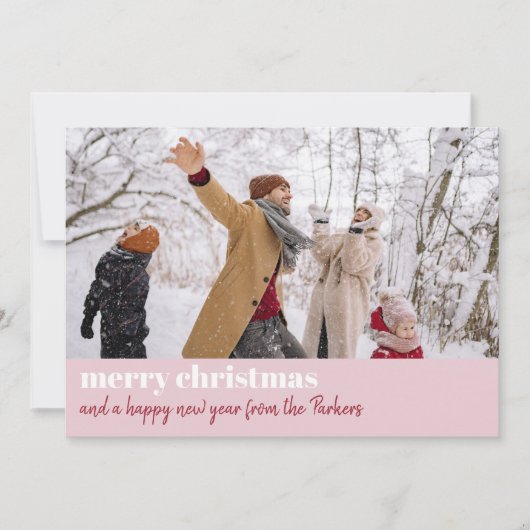 Moderne roze rode kerstakerbrede foto feestdagenkaart (Voorkant)