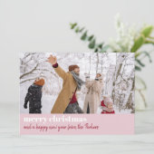 Moderne roze rode kerstakerbrede foto feestdagenkaart (Staand voorkant)