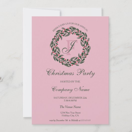 Moderne Roze Rode Krans Corporate Christmas Party Kaart (Voorkant)