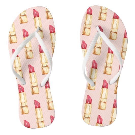 Moderne Roze & Rode Lippenstift Patroon Meisjesach Teenslippers (Voetbed)