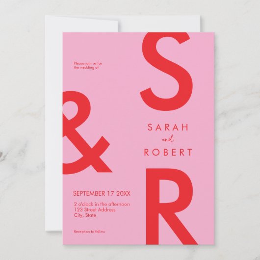 Moderne roze rode monogram trouw kaart (Voorkant)