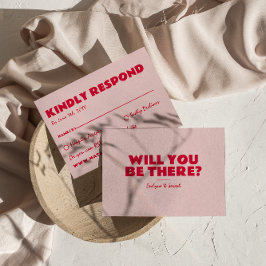 Moderne Roze & Rode Retro Leuk Vet Unieke Bruiloft RSVP Kaartje