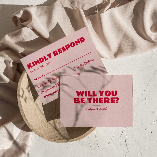 Moderne Roze & Rode Retro Leuk Vet Unieke Bruiloft RSVP Kaartje