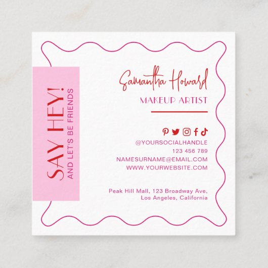 Moderne Roze & Rode Retro Stijl Make-up Kunstenaar Vierkante Visitekaartje (Achterkant)