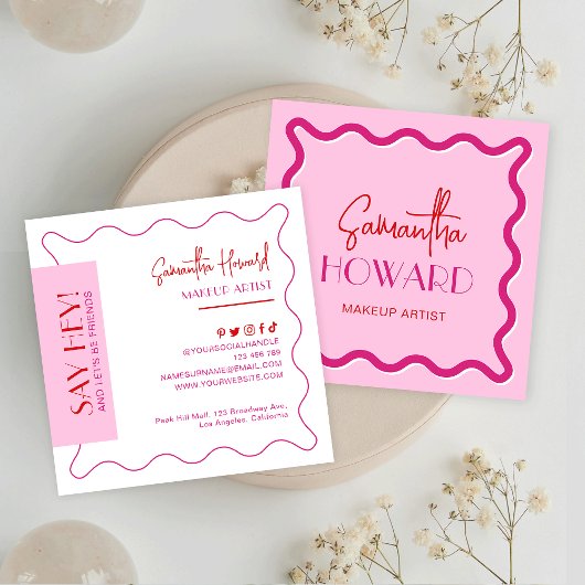 Moderne Roze & Rode Retro Stijl Make-up Kunstenaar Vierkante Visitekaartje