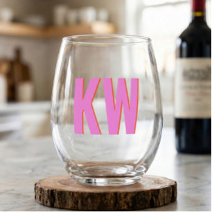 Moderne Roze Rode Schaduw Monogram Persoonlijk Wijnglas Zonder Voet