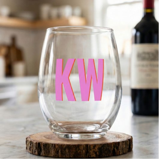 Moderne Roze Rode Schaduw Monogram Persoonlijk Wijnglas Zonder Voet