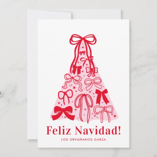 Moderne Roze Rode Strik Feliz Navidad Kerstkaart (Voorkant)