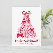 Moderne Roze Rode Strik Feliz Navidad Kerstkaart (Staand voorkant)