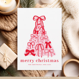 Moderne Roze Rode Strik Kerstmis Plat Kerstkaart