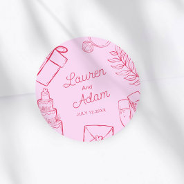 Moderne roze & rode trouwschets Favor Ronde Sticker
