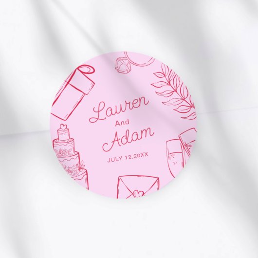 Moderne roze & rode trouwschets Favor Ronde Sticker