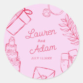 Moderne roze & rode trouwschets Favor Ronde Sticker (Voorkant)