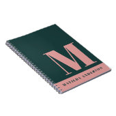Moderne Roze Rood, Donkergroene Monogram aangepast Notitieboek (Rechterzijde)