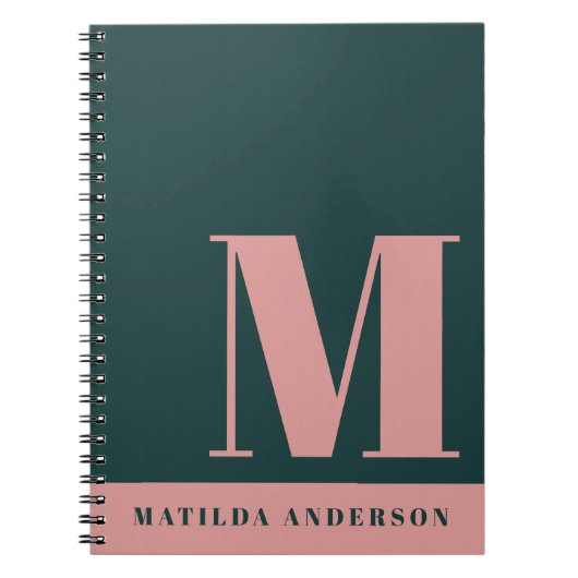 Moderne Roze Rood, Donkergroene Monogram aangepast Notitieboek (Voorkant)
