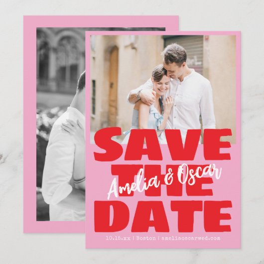 Moderne Roze Rood Foto Speels Stout Modern Save The Date (Voorkant / Achterkant)