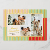 Moderne Roze Rood Groen Gestreepte Foto Folie Feestdagenkaart (Voorkant)