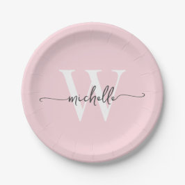 Moderne Roze Roos Aangepaste Monogram Naam Script Papieren Bordje
