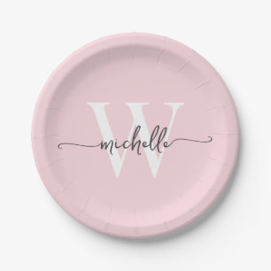 Moderne Roze Roos Aangepaste Monogram Naam Script Papieren Bordje