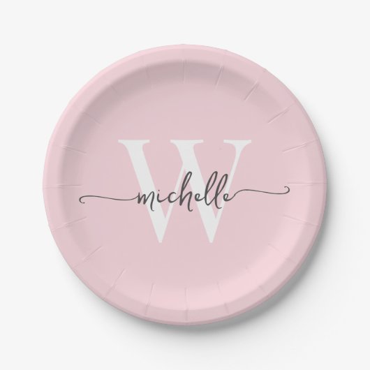 Moderne Roze Roos Aangepaste Monogram Naam Script Papieren Bordje (Voorkant)