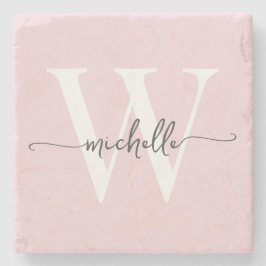 Moderne Roze Roos Aangepaste Monogram Naam Script Stenen Onderzetter