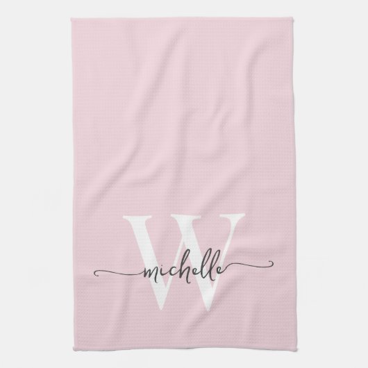 Moderne Roze Roos Aangepaste Monogram Naam Script Theedoek (Verticaal)