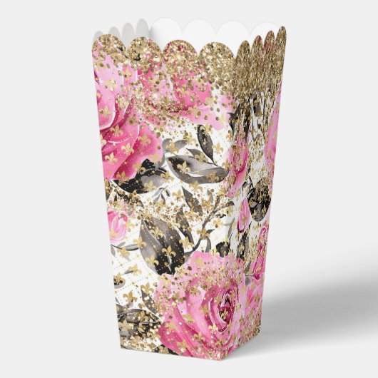 Moderne roze roos bloemenchique gouden glitter bedankdoosjes (Achterkant)