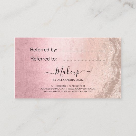 Moderne roze roos goudglitter make-up artiest aanbevelingskaartje (Achterkant)