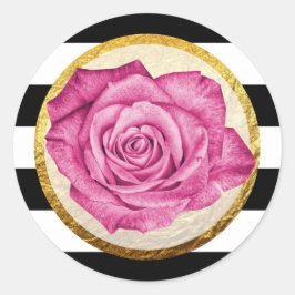Moderne Roze Rose Faux Gouden Folie Gestreepte Bru Ronde Sticker