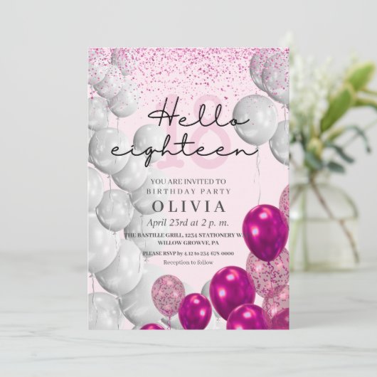 Moderne Roze Roze 18e Verjaardag Glitter Ballonnen Kaart (Staand voorkant)