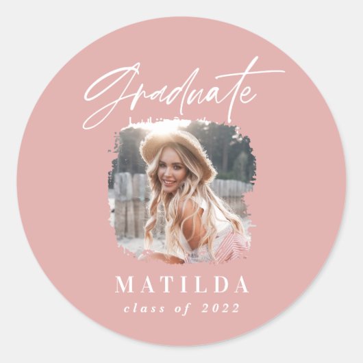 Moderne, roze, roze afstuderen met foto-elegant ronde sticker (Voorkant)