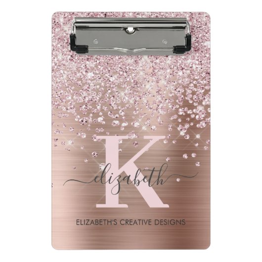 Moderne roze roze diamantglitter monogrammen mini klembord (Voorkant)
