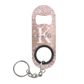 Moderne roze roze goudglitter diamantmonogram Ke Mini Flessenopener