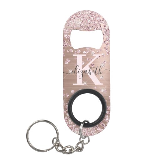 Moderne roze roze goudglitter diamantmonogram Ke Mini Flessenopener (Voorkant)