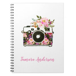 Moderne roze roze goudkleurige Floral camera Notitieboek