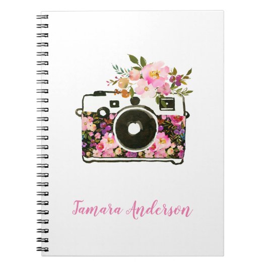 Moderne roze roze goudkleurige Floral camera Notitieboek (Voorkant)