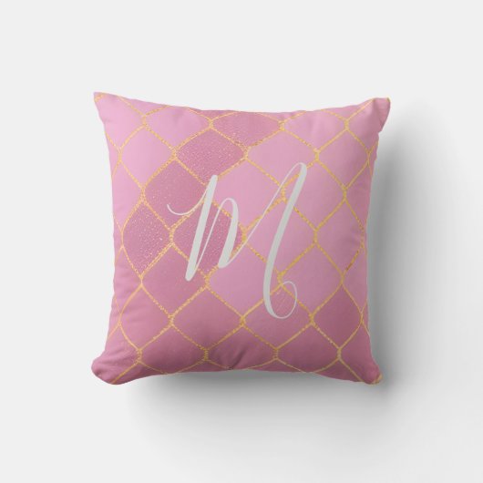 Moderne roze roze goudmonogram kussen (Voorkant)
