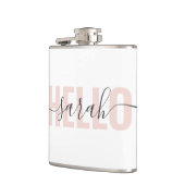 Moderne roze roze Hallo en Jouw naam Heupfles (Links)