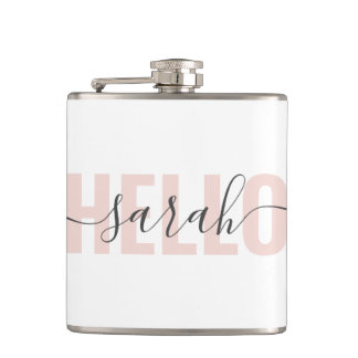 Moderne roze roze Hallo en Jouw naam Heupfles
