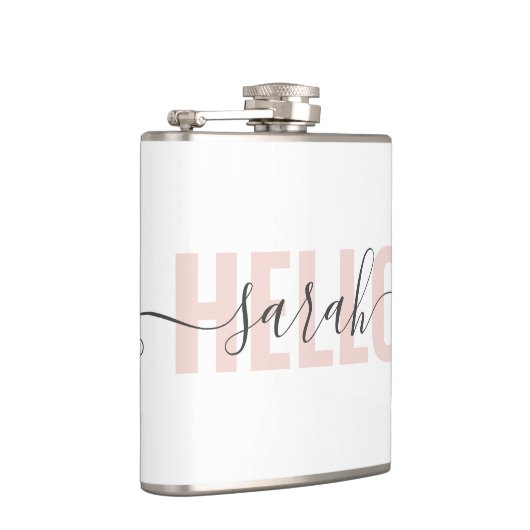 Moderne roze roze Hallo en Jouw naam Heupfles (Rechts)