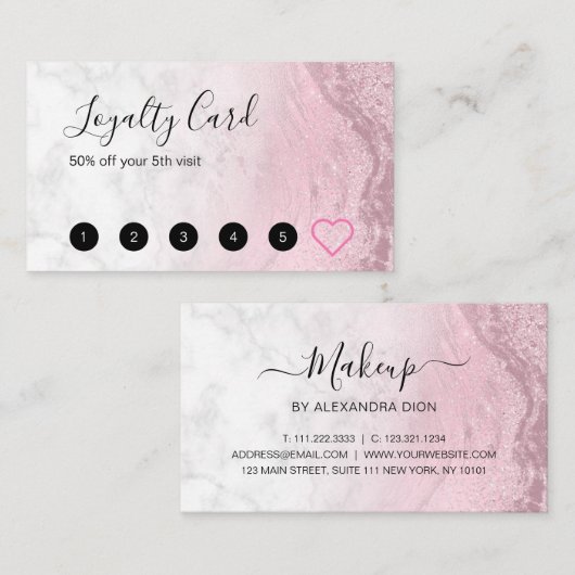 Moderne roze roze roos goudglitter marmer make-up  klantenkaartje (Voorkant / Achterkant)