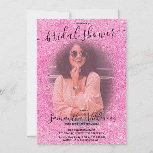 Moderne roze roze roze glitter foto-vrijgezellenfe kaart (Voorkant)