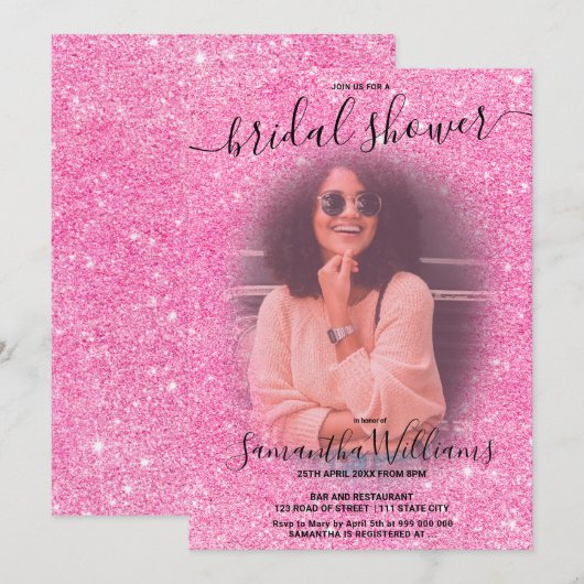 Moderne roze roze roze glitter foto-vrijgezellenfe kaart (Voorkant / Achterkant)